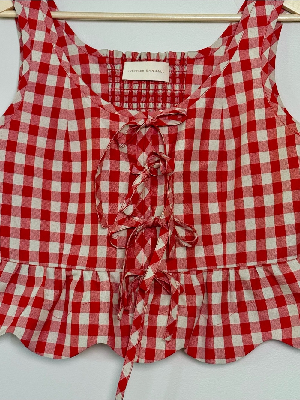Loeffler Randall Red and White Gingham Tie-Front Ruffle Tank